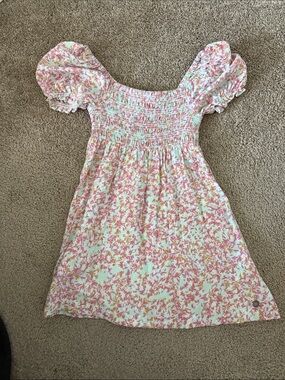 Roxy Girls Pink & Cream Floral Smocked Puff-Sleeve Dress Size 5